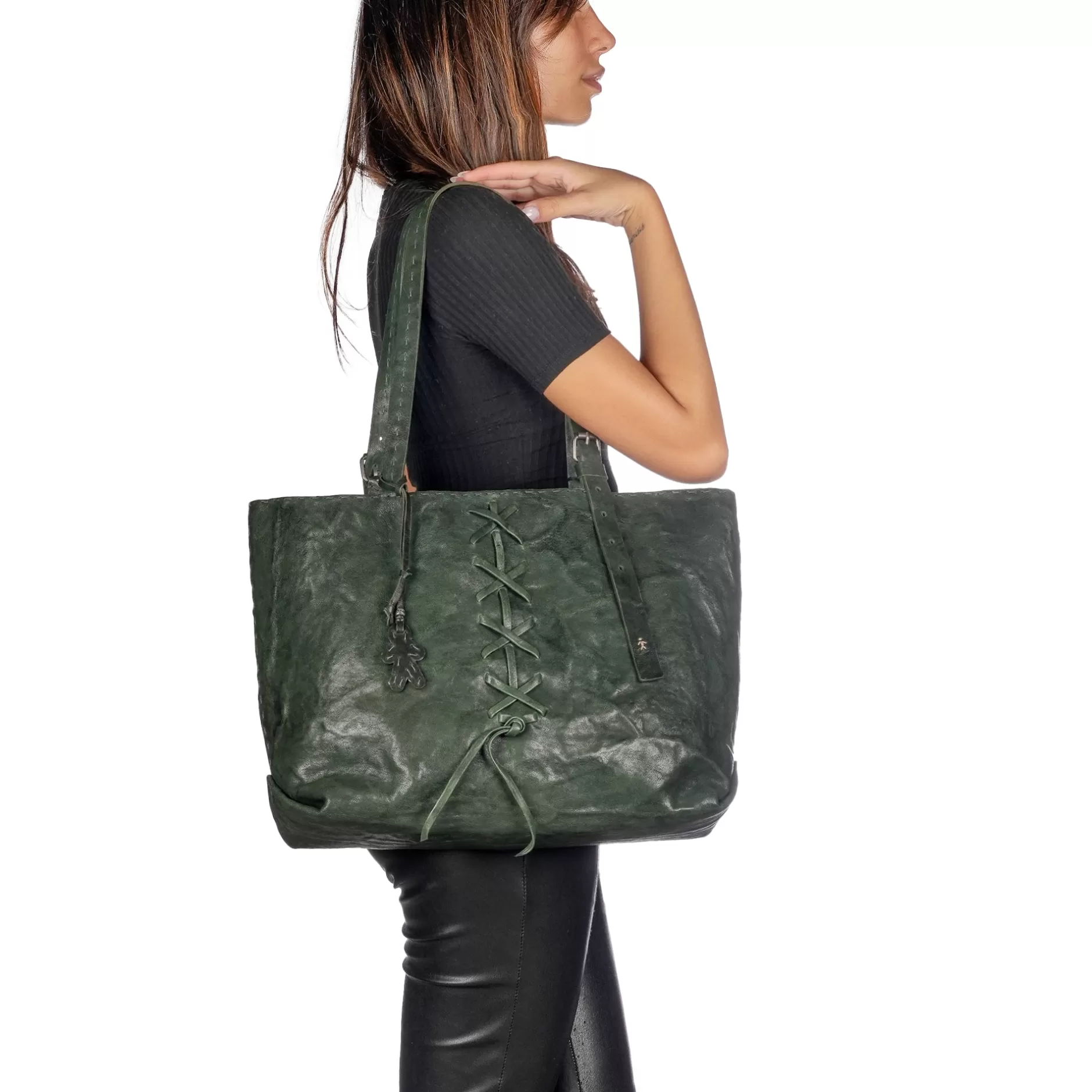 Fashion Irina Ricamo Croce Vegetal Wash Forest Green Bags